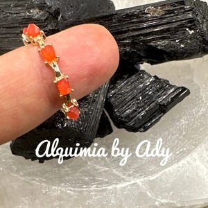 Bright red crystal jewel tone gold steel ring dainty band